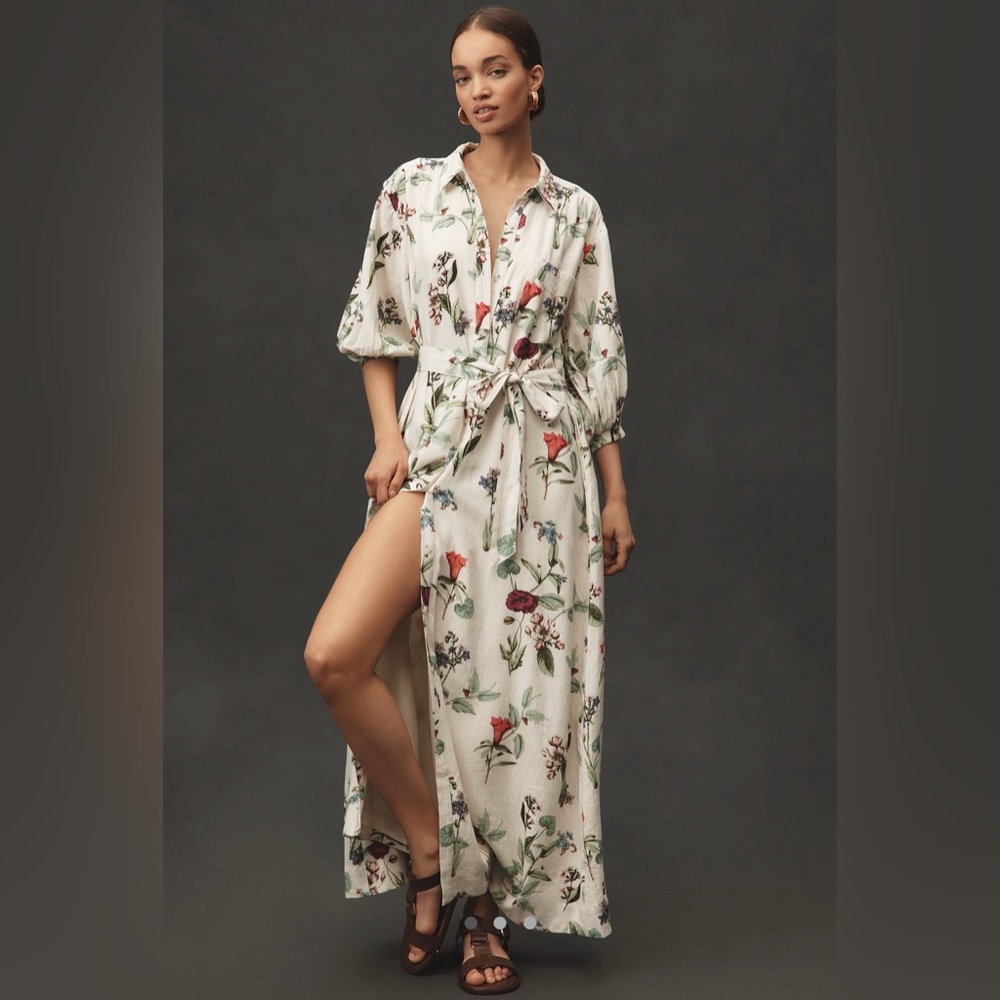 The Mona Linen Floral Ivory Shirt Dress by Maeve. Size XXS